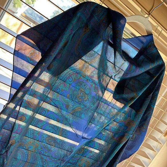VTG Large Square Silk Cobalt Blue Teal Purple Jewel Toned Paisley Mosaic Scarf - Picture 14 of 16